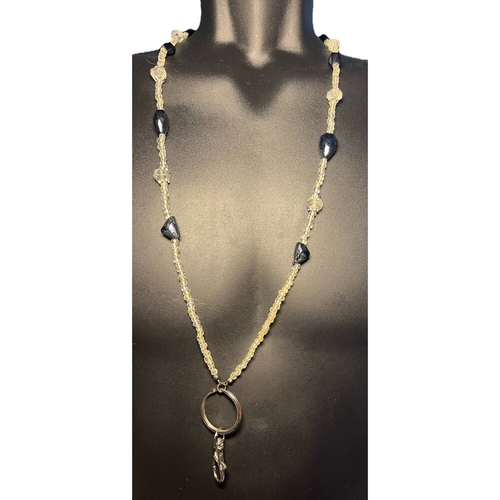 Beaded Lanyard ID Badge Holder Necklace Clear and Navy Beads Approx 30"